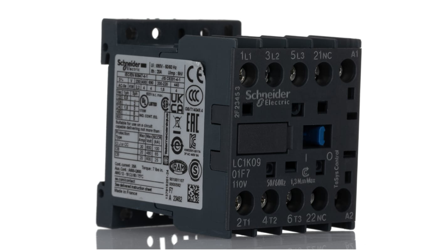 Schneider Electric TeSys K LC1K Contactor, 110 V ac Coil, 3-Pole, 20 A, 4 kW, 3NO, 690 V ac