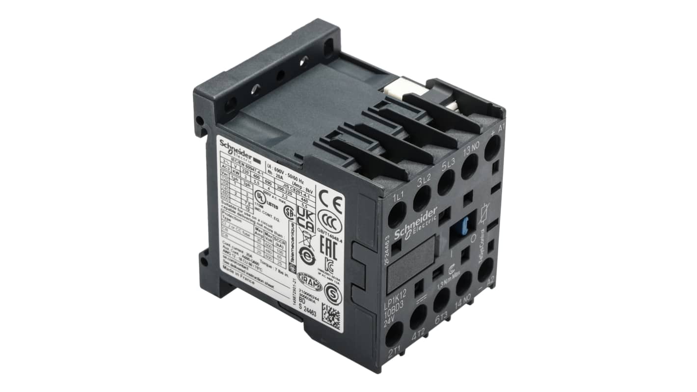Schneider Electric TeSys K LP1K Contactor, 24 V dc Coil, 3-Pole, 20 A, 5.5 kW, 3NO, 690 V ac