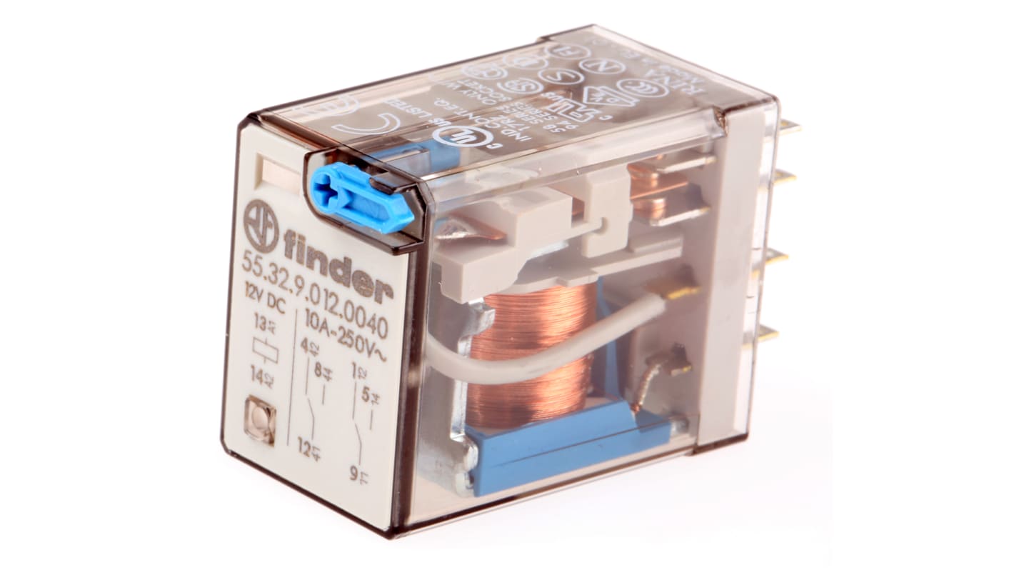 Relé de potencia sin enclavamiento Finder 55 Series de 2 polos, DPDT, bobina 12V dc, 10A, enchufable