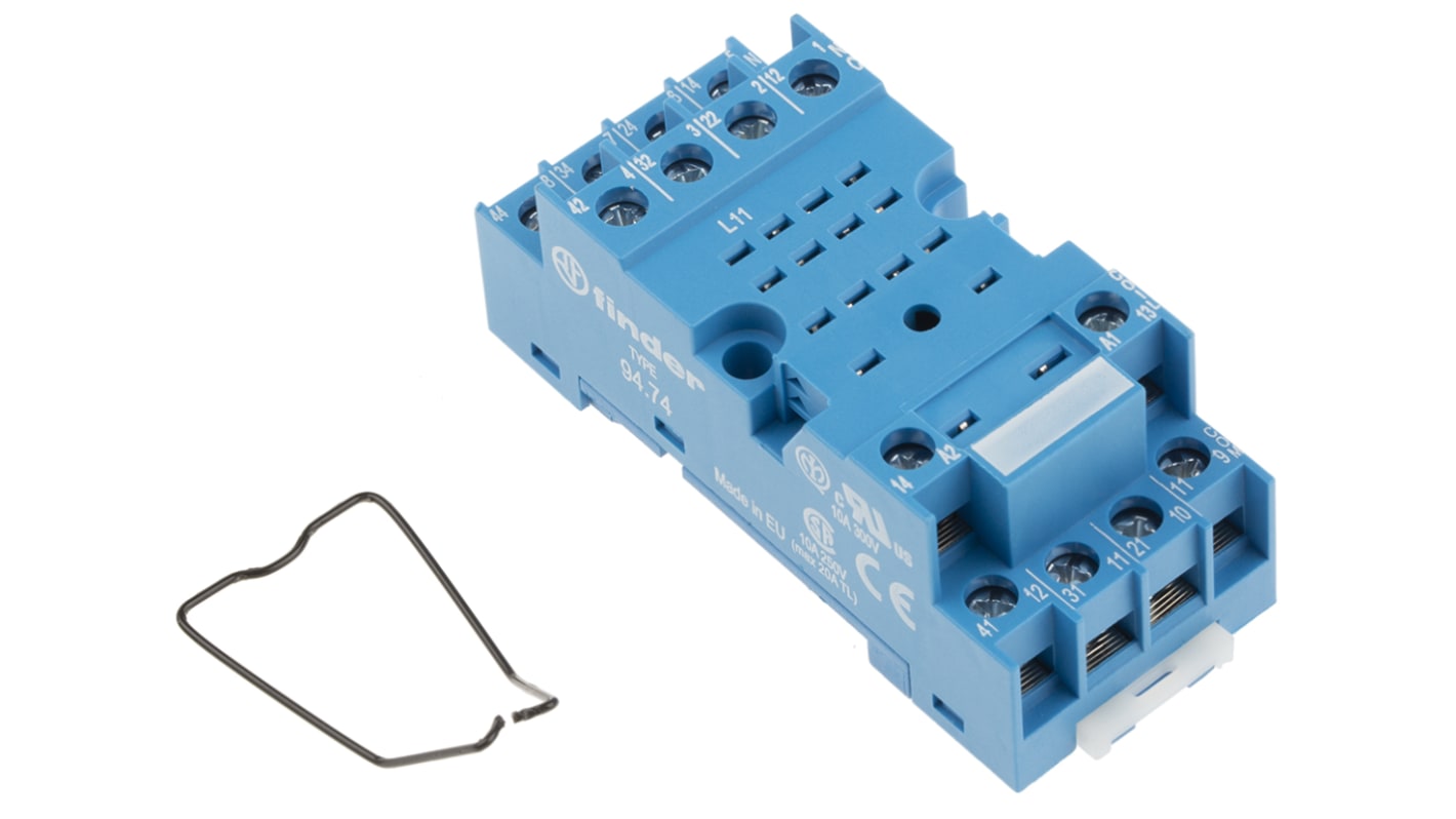 Finder 94 14 Pin 250V ac DIN Rail, Panel Mount Relay Socket, for use with 55.34 Series Relay