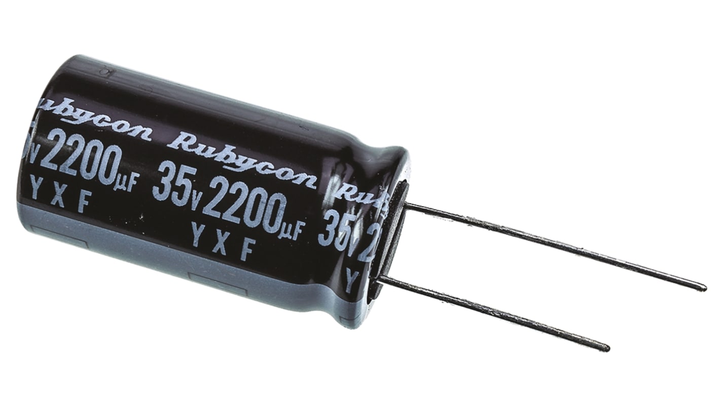 Rubycon 直插铝电解电容, 2200μF, 35V 直流, 16 (Dia.) x 31.5mm, 最高+105°C, YXF系列