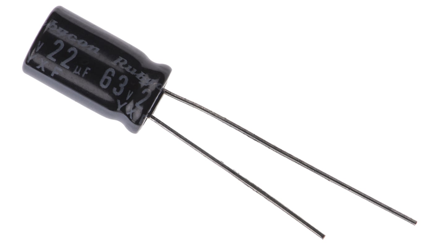 Condensador electrolítico Rubycon serie YXF, 22μF, ±20%, 63V dc, Radial, Orificio pasante, 6.3 (Dia.) x 11mm, paso 2.5mm