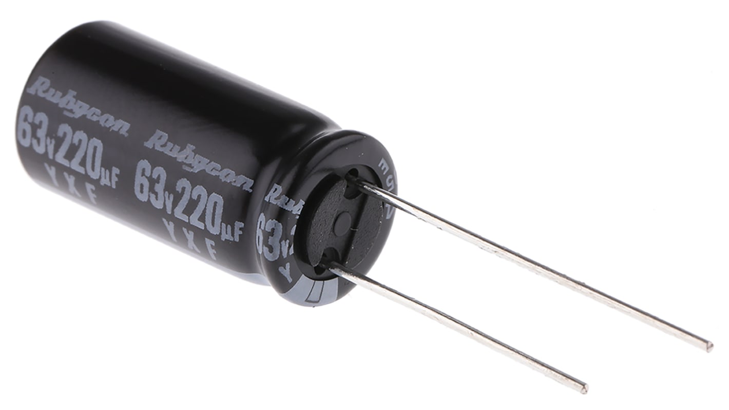 Rubycon 220μF Aluminium Electrolytic Capacitor 63V dc, Radial, Through Hole - 63YXF220M10X20