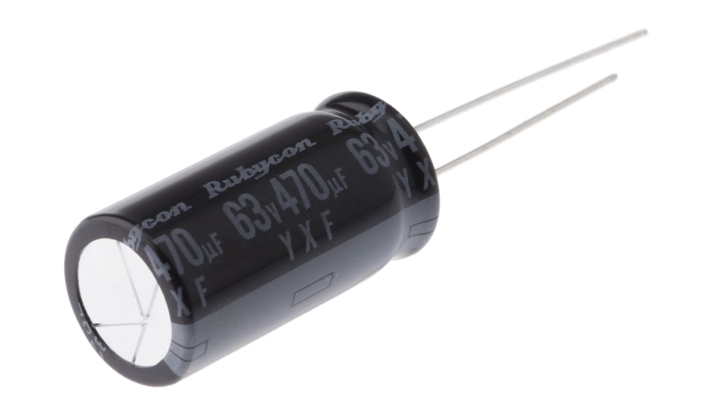 Rubycon YXF, THT Aluminium-Elektrolyt Kondensator 470μF ±20% / 63V dc, Ø 12.5mm x 25mm, bis 105°C