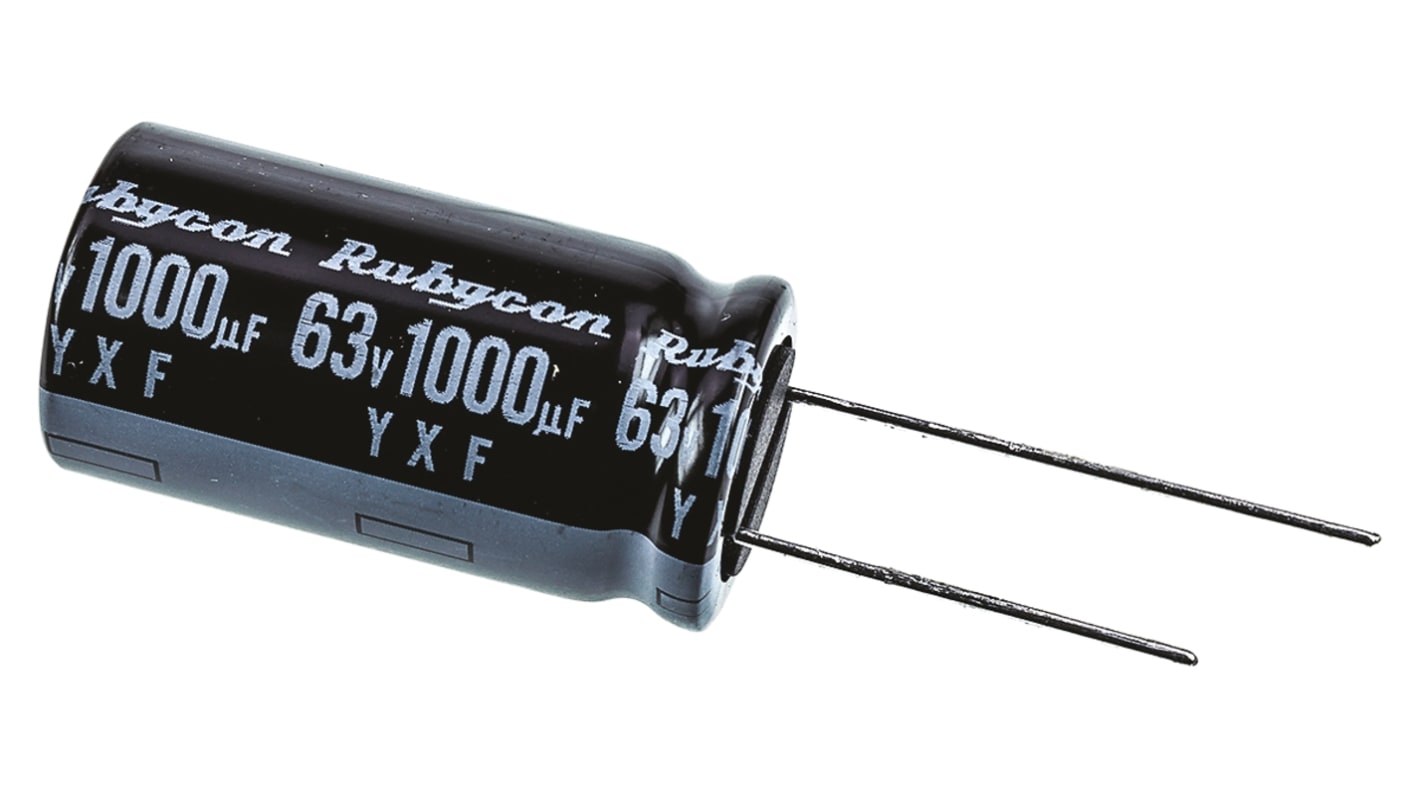 Rubycon 1000μF Aluminium Electrolytic Capacitor 63V dc, Radial, Through Hole - 63YXF1000M16X31.5