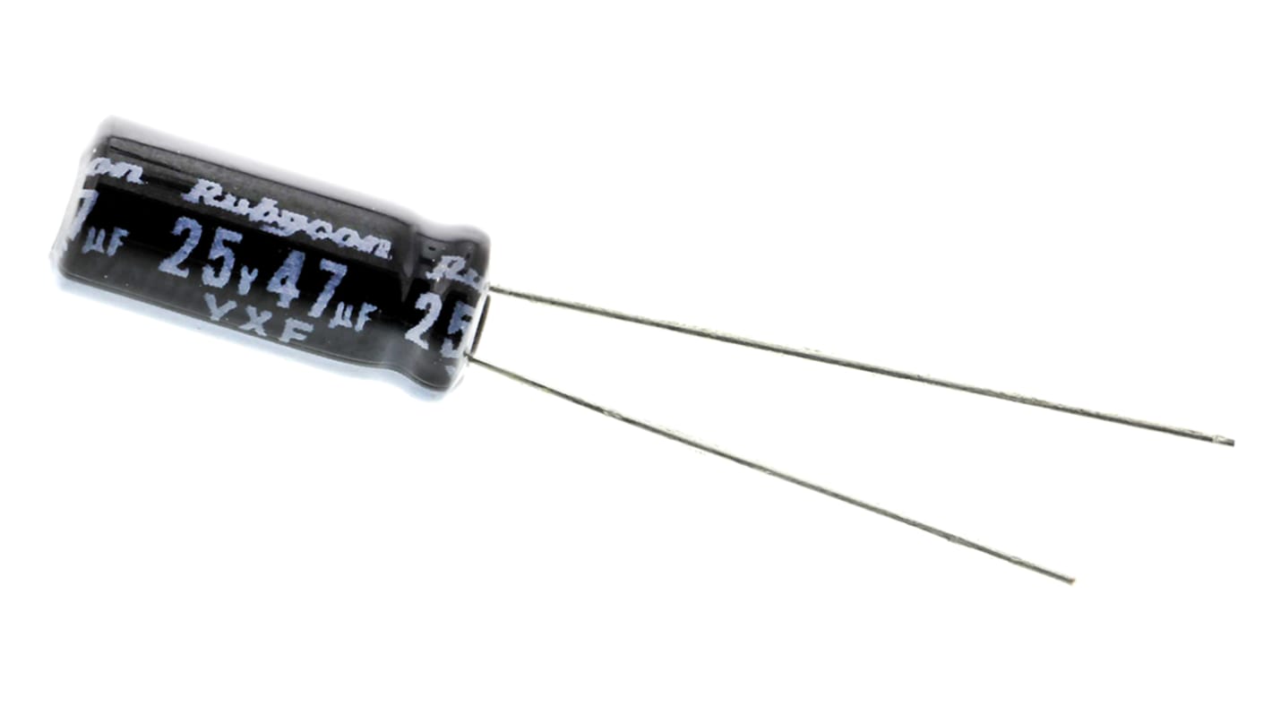 Rubycon 直插铝电解电容, 47μF, 25V 直流, 5 (Dia.) x 11mm, 最高+105°C, YXF系列