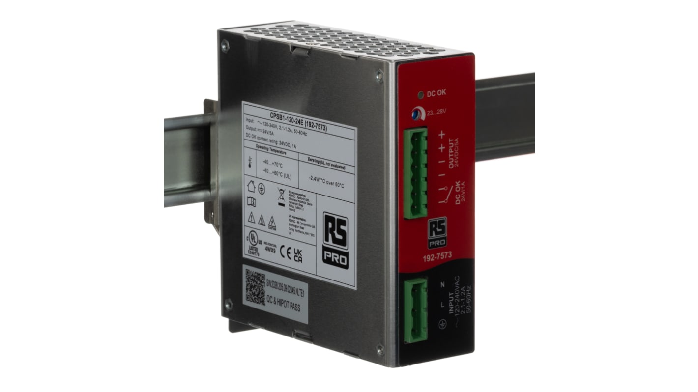 RS PRO Switched Mode DIN Rail Power Supply, 85 → 264 V ac / 110 → 345V dc ac, dc Input, 23 → 28V