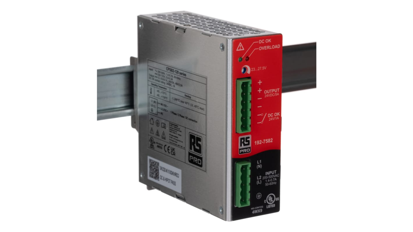 Fuente de alimentación de carril DIN RS PRO, , 1 salida 23 → 28V dc 5A 120W