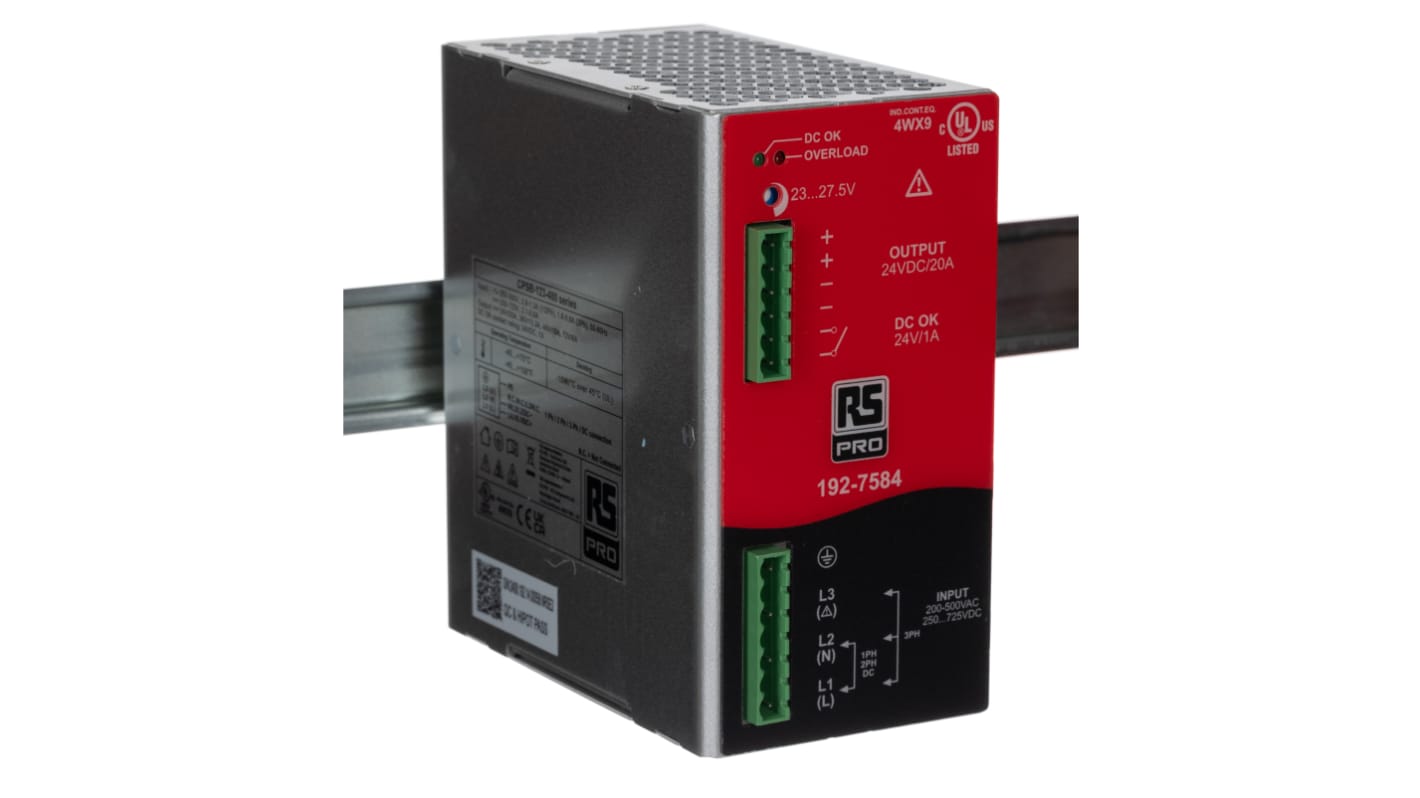 RS PRO Switch-mode DIN-skinnemonteret strømforsyning, 480W 23 → 28V dc