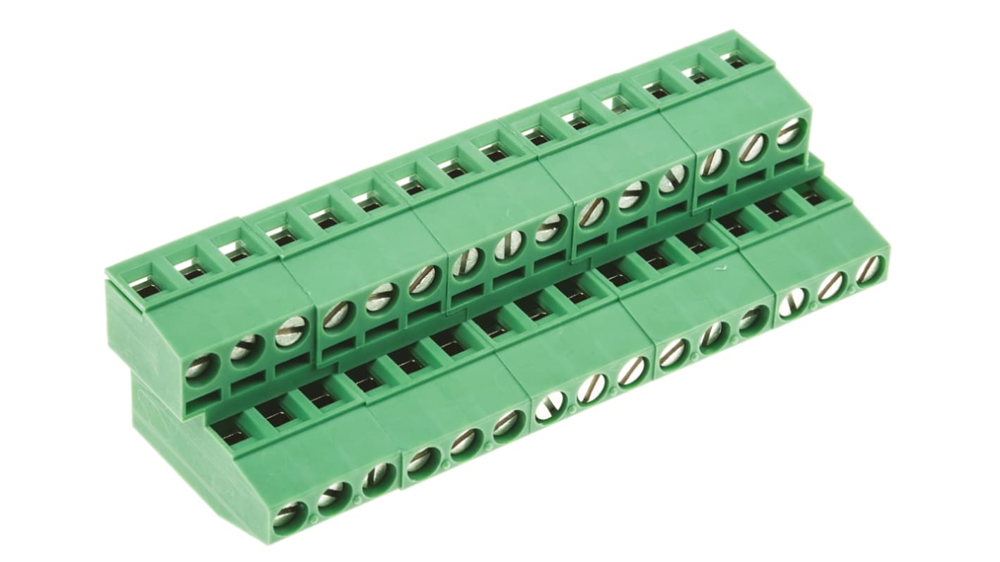 Phoenix Contact 双排PCB端子排, 6p, 5.08mm间距, 22A, 250 V, THT安装, 螺钉端接, 直向, 绿色, MKKDS 1.5/ 3-5.08系列