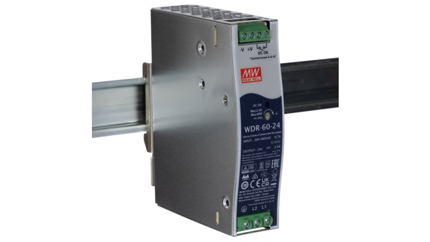 Alimentatore a montaggio su guida DIN MEAN WELL, 24 V dc, 2.5A, 180 → 550 V ac / 254 → 780V cc, 60 W