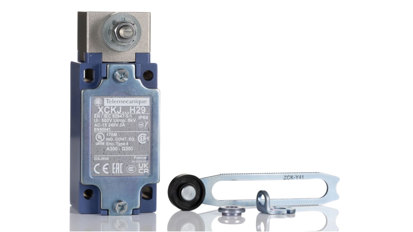 Telemecanique Sensors XCKJ Series Roller Lever Limit Switch, 1NC/1NO, IP66, DPST, Zamak Zinc Alloy Housing, 240V ac