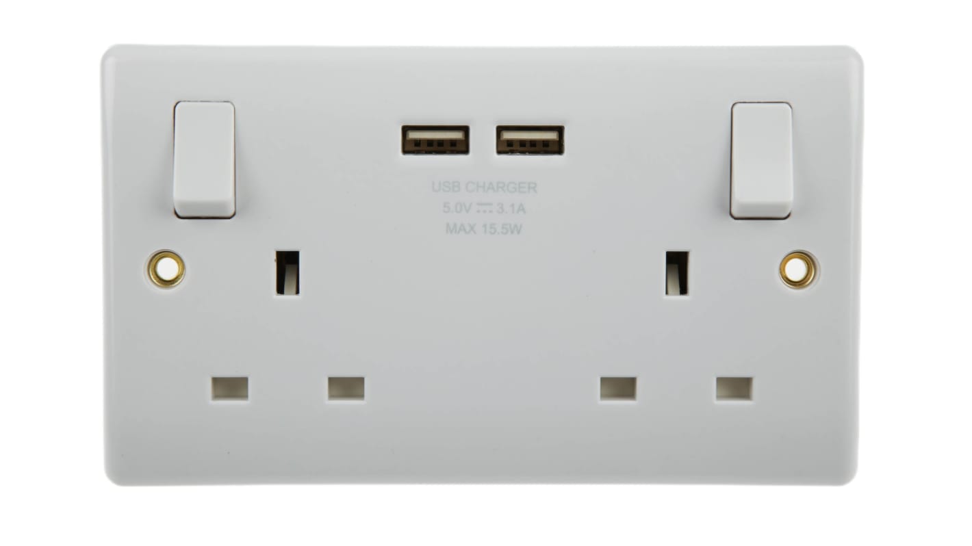 BG Electrical White 2 Gang Power Socket, 2 Poles, 13A, Type G - British, USB