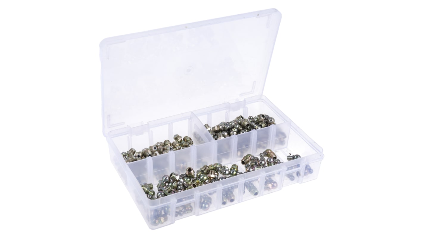 RS PRO 黄油嘴套件, 套件包含H1 直向 8x1 mm (x50)；H2-45 8x1 mm (x50)；H3-90 8x1 mm (x50)；盒子