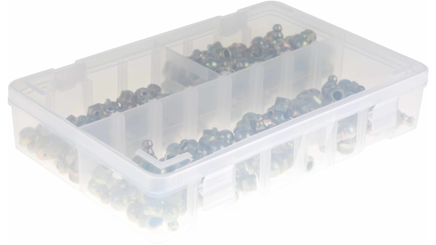RS PRO 黄油嘴套件, 套件包含H1 直向 10x1 mm (x50)；H2-45 10x1 mm (x50)；H3-90 10x1 mm (x50)；盒子