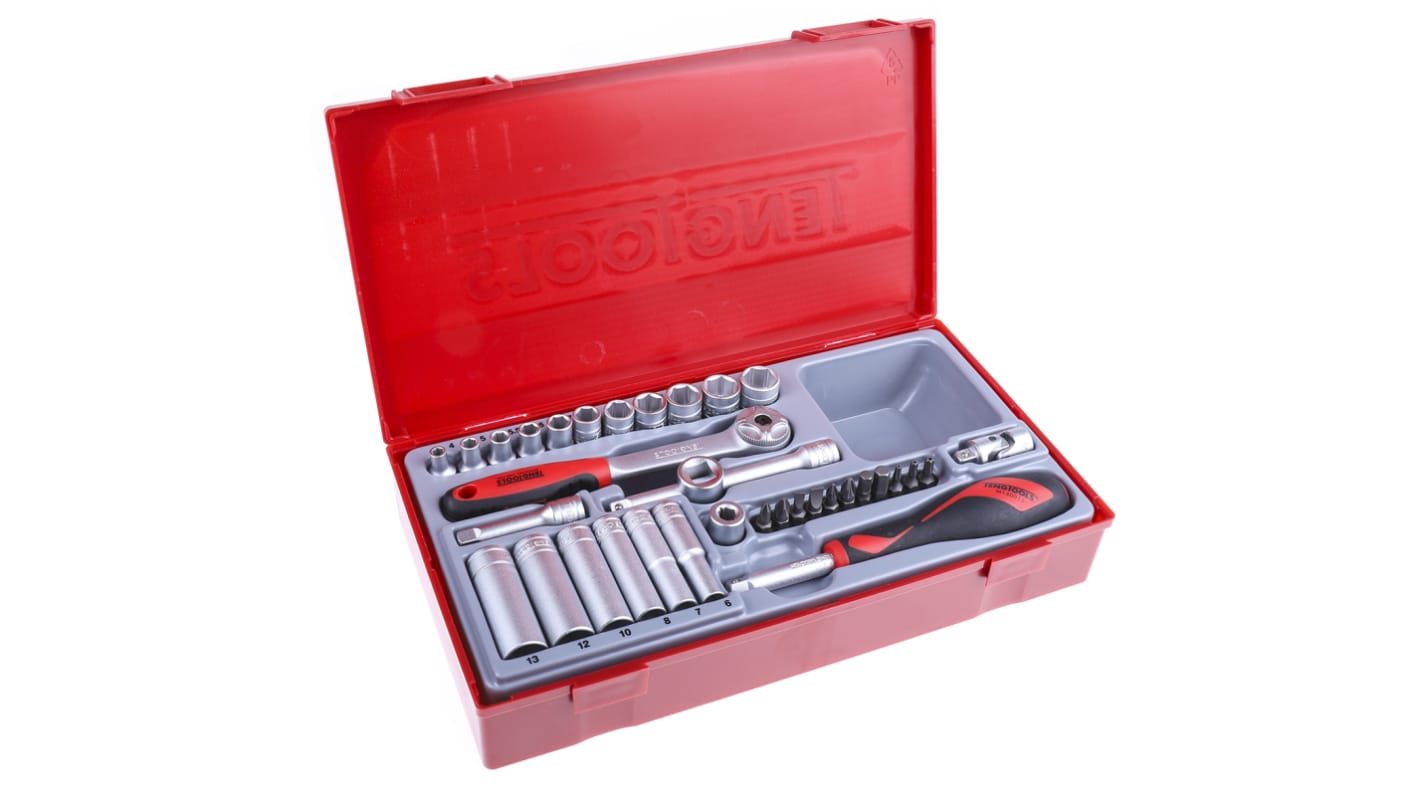 Teng Tools 35-Piece Metric 1/4 in Deep Socket/Standard Socket/Bit Set with Ratchet, 6 point; Hex Bit; Phillips Bit;