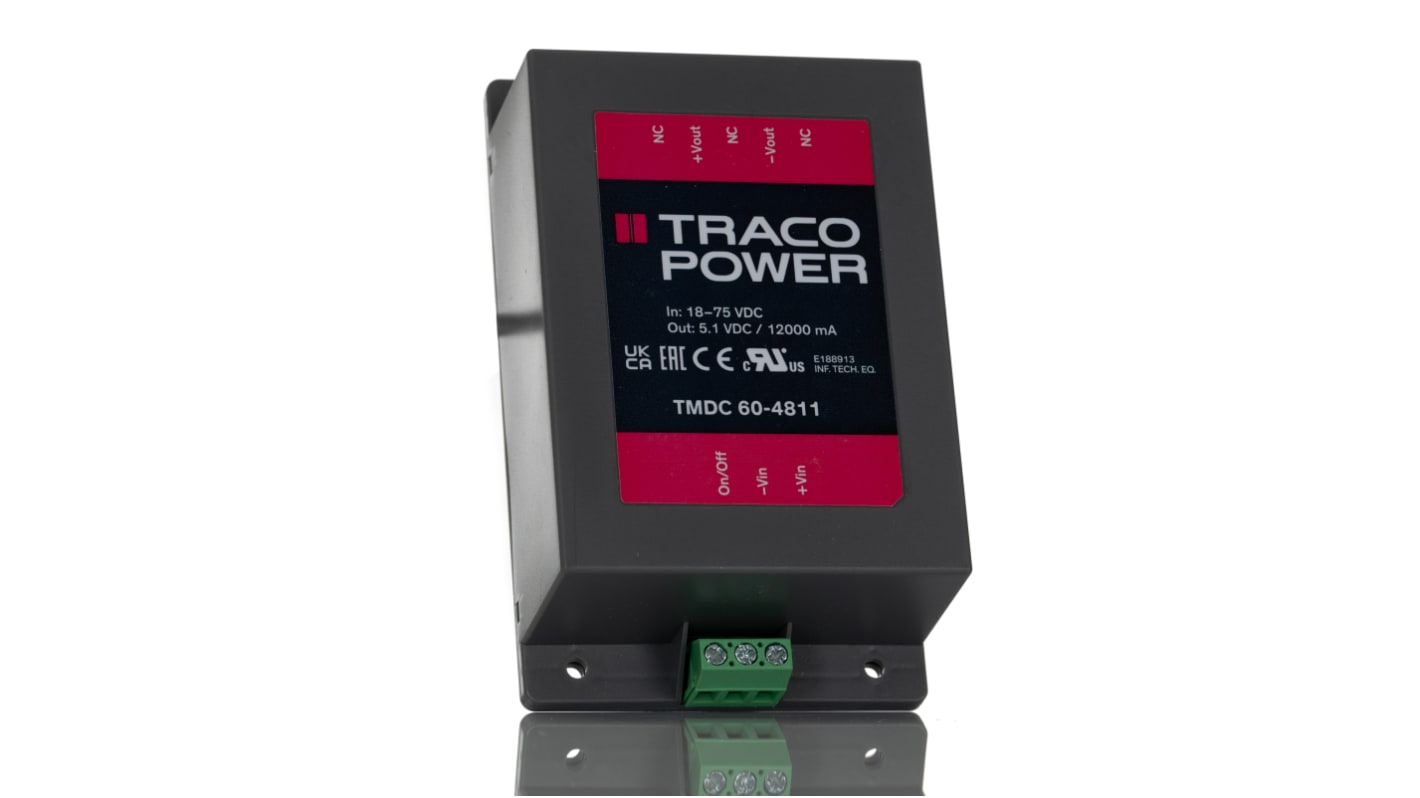 TRACOPOWER TMDC 60 DC-DC Converter, 5.1V dc/ 12A Output, 18 → 75 V dc Input, 60W, DIN Rail Mount, +85°C Max Temp
