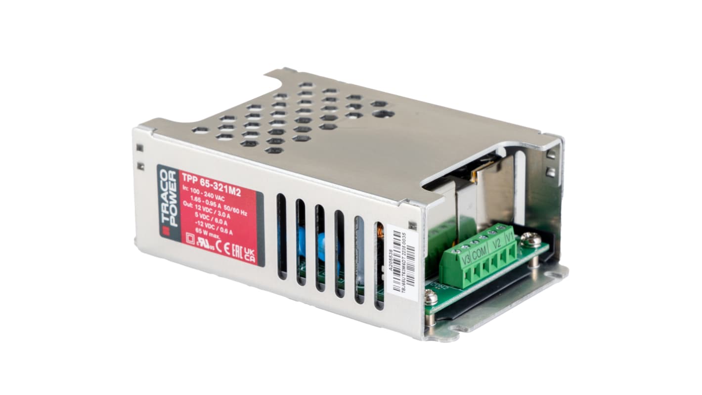 TRACOPOWER Switching Power Supply, TPP 65-321M2, 5 V dc, 12 V dc, 5.42 A, 8 A, 600 mA, 65W, Dual Output, 85 →