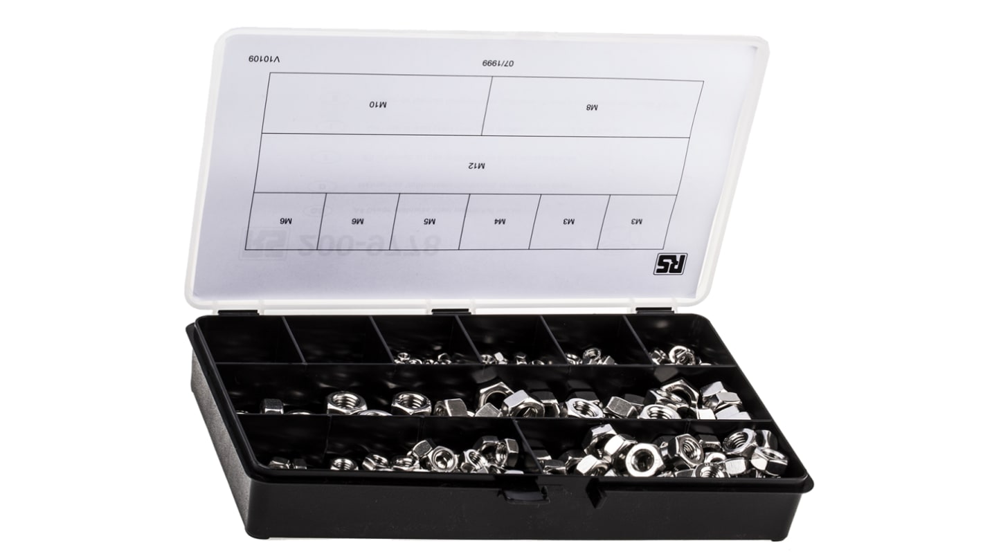 RS PRO 六角全高螺母套装, M10, M12, M3, M4, M5, M6, M8螺纹, 不锈钢制