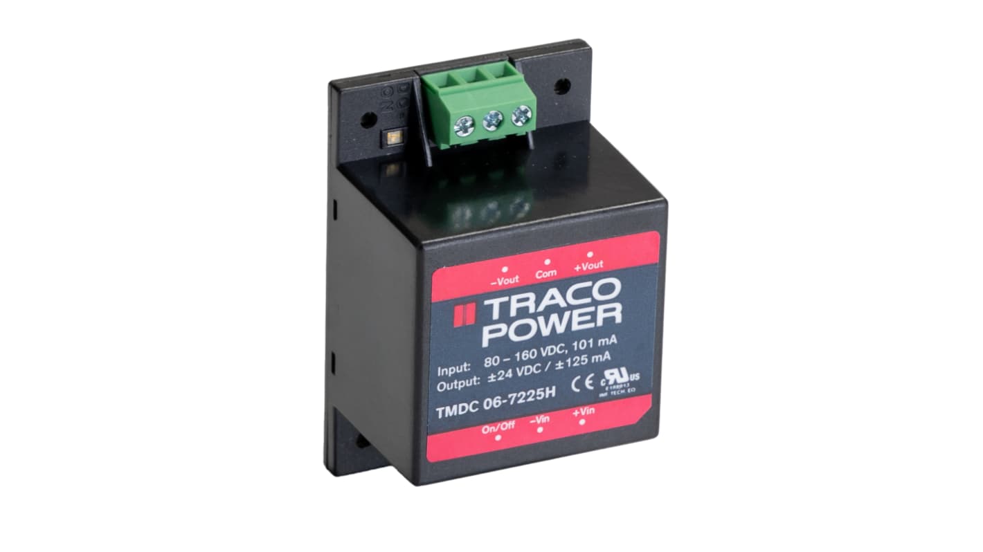 Przetwornica DC-DC, 6W, Uwe 80→ 160 V dc, Uwy ±24V dc, Iwy 125mA Nie, TRACOPOWER Nie