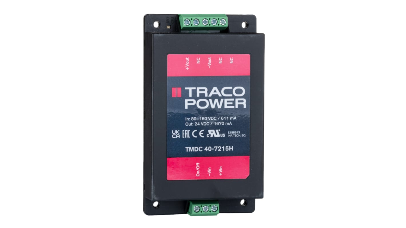 Przetwornica DC-DC, 40W, Uwe 80→ 160 V dc, Uwy 24V dc, Iwy 1.67A Nie, TRACOPOWER Nie