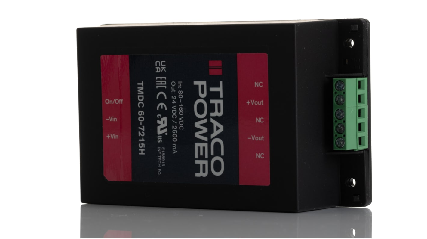 Przetwornica DC-DC, 60W, Uwe 80→ 160 V dc, Uwy 24V dc, Iwy 2.5A Nie, TRACOPOWER Nie