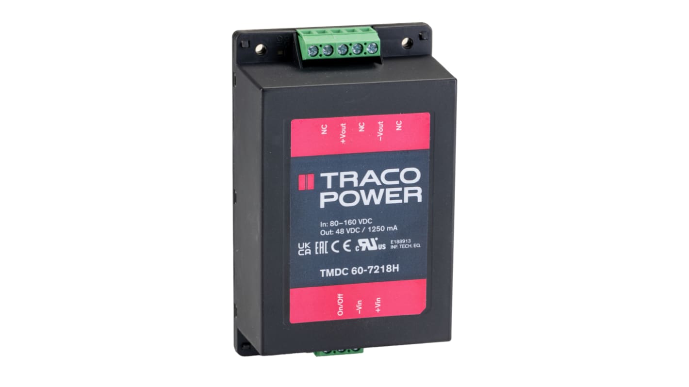 TRACOPOWER TMDC 60H DC-DC Converter, 48V dc/ 1.2A Output, 80 → 160 V dc Input, 60W, Chassis Mount, +75°C Max