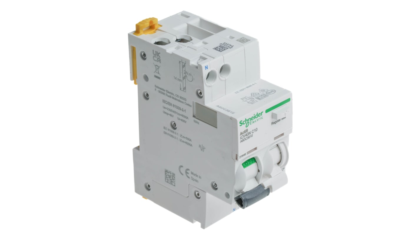 Schneider Electric RCBO, 10A Current Rating, 1P Poles, 30mA Trip Sensitivity, Type C, Acti9 Range