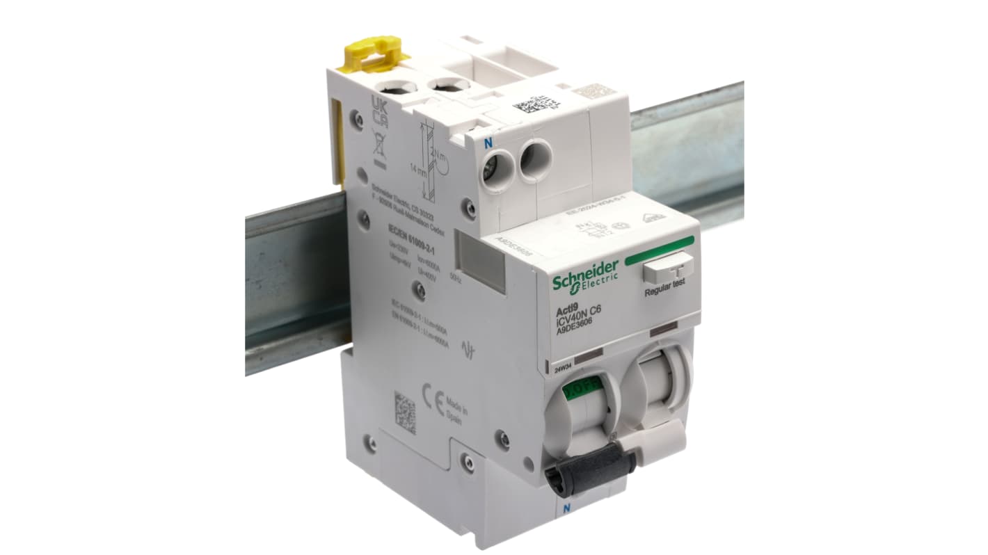 Schneider Electric RCBO, 6A Current Rating, 1P Poles, 30mA Trip Sensitivity, Acti9 Range
