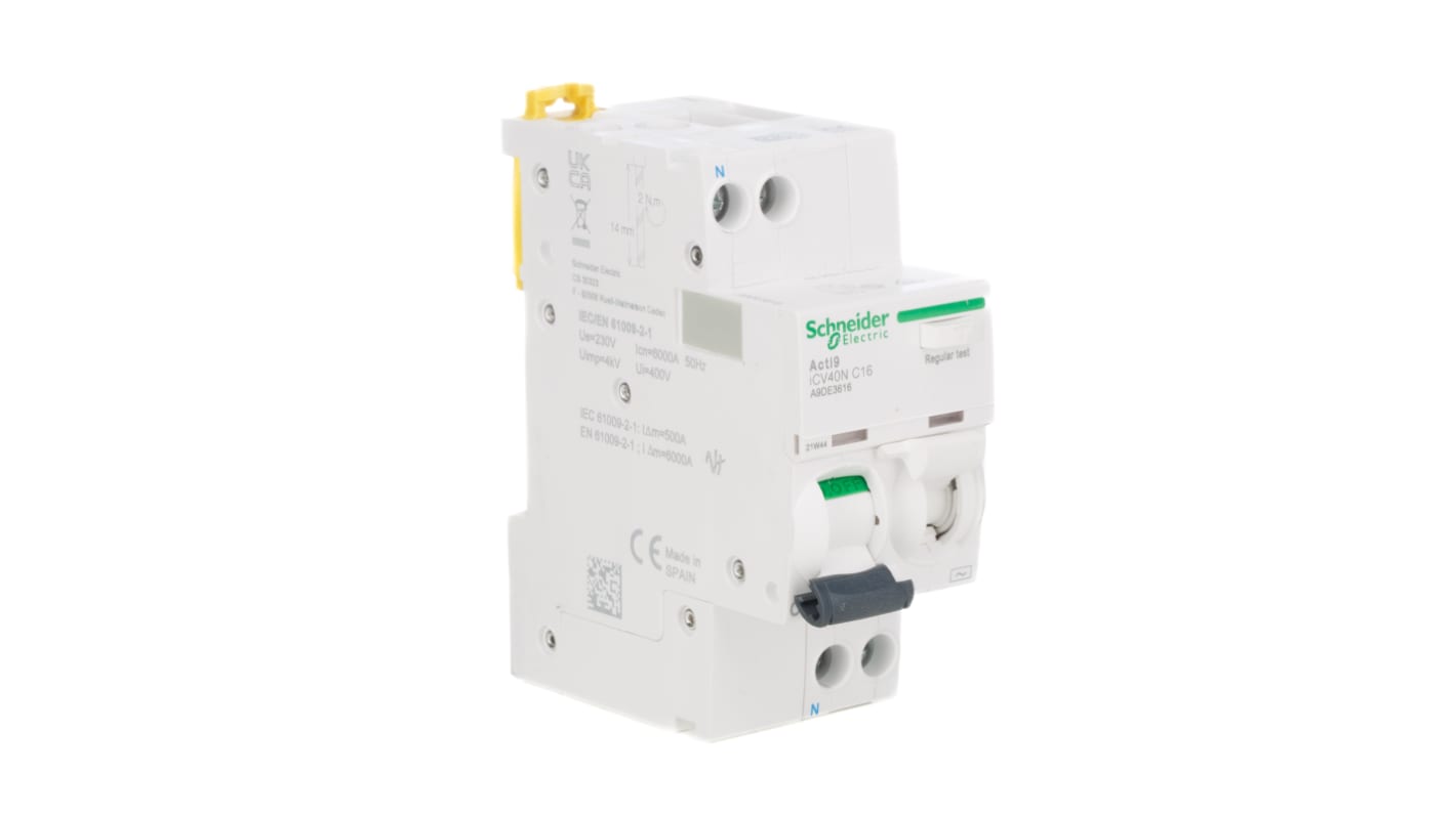 Schneider Electric RCBO, 16A Current Rating, 1P+N Poles, 30mA Trip Sensitivity, Acti9 Range