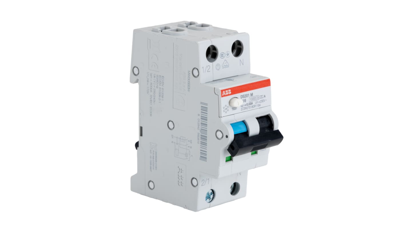 ABB RCBO, 16A Current Rating, 2P Poles, 30mA Trip Sensitivity, Type C, System Pro M Compact Range