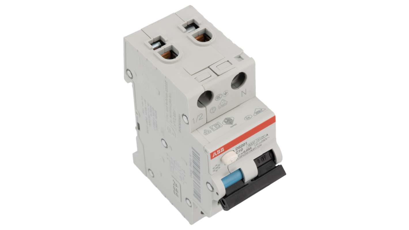 ABB RCBO, 10A Current Rating, 2P Poles, 30mA Trip Sensitivity, System Pro M Compact Range
