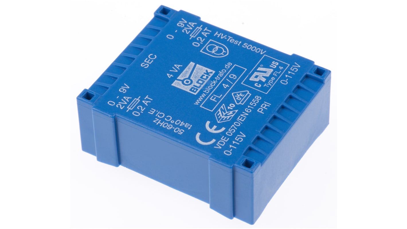 Trasformatore per PCB Block, 4VA, primario 115V ac, 230V ac, secondario 9V ca, 2 uscite