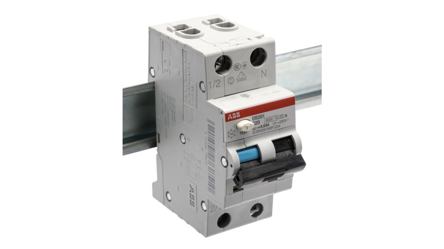 ABB 20A 2P RCBO, 30mA C型剩余电流动作断路器, 240V, DS201系列