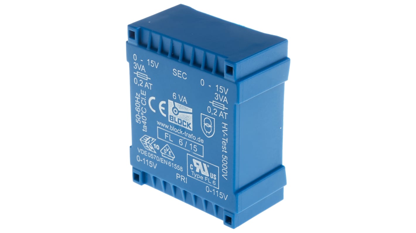 Block 15V ac 2 Output Through Hole PCB Transformer, 6VA