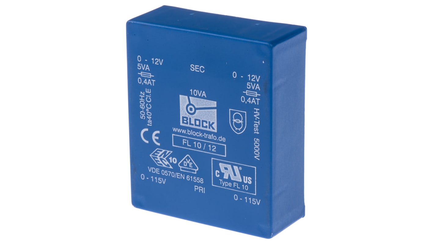 Trasformatore per PCB Block, 10VA, primario 115V ac, 230V ac, secondario 12V ca, 2 uscite