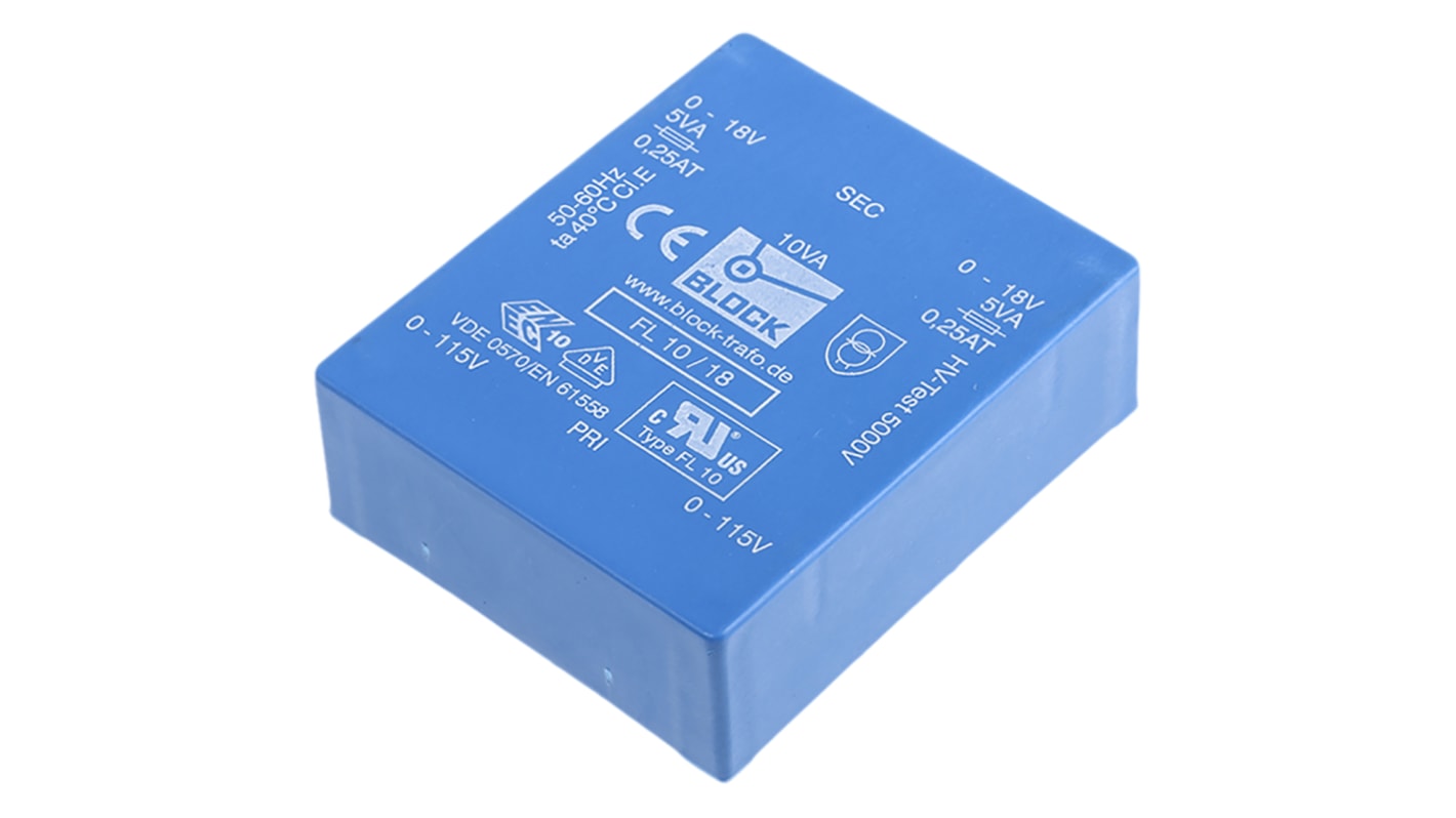 Trasformatore per PCB Block, 10VA, primario 115V ac, 230V ac, secondario 18V ca, 2 uscite