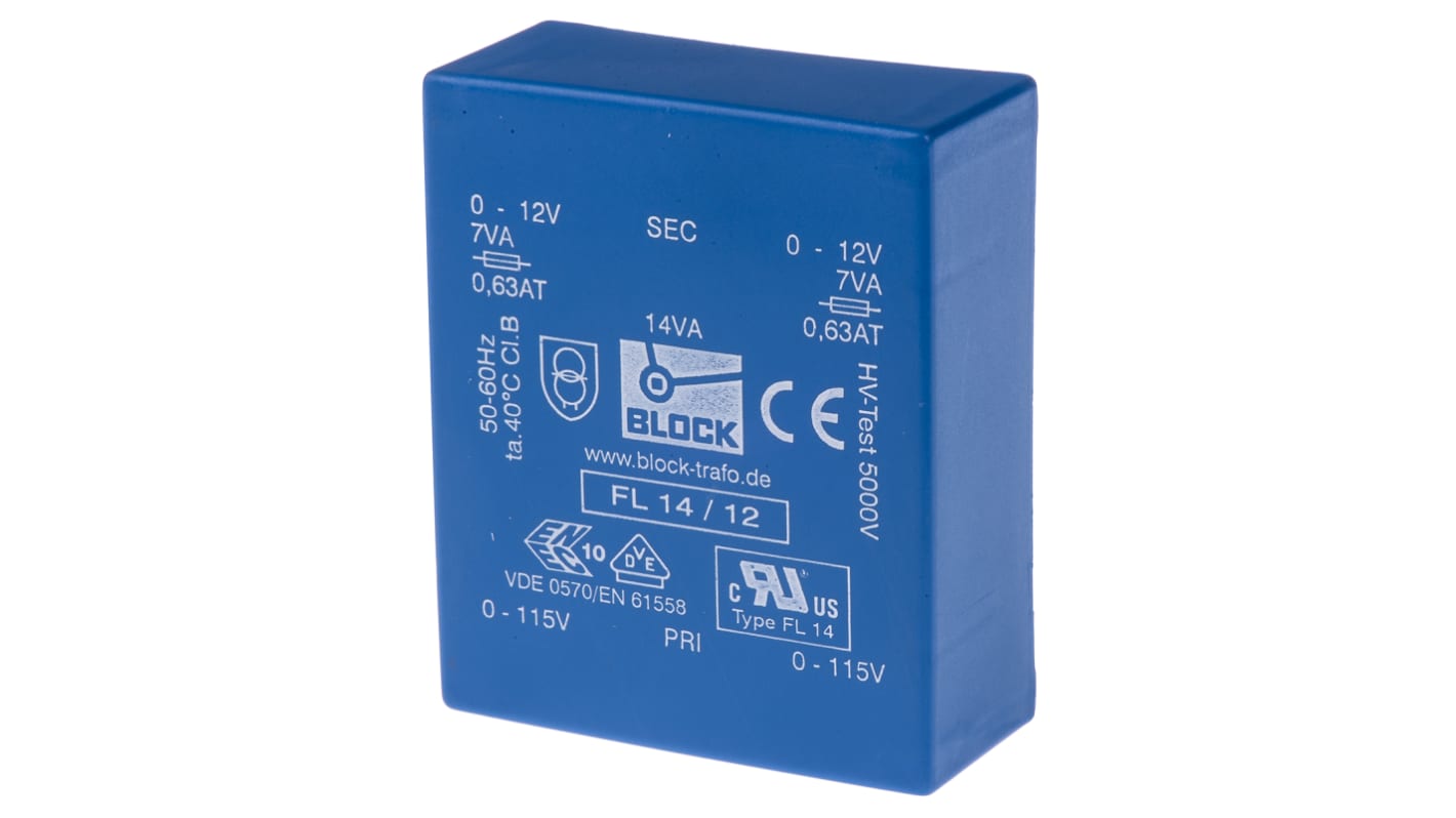 Block 12V ac 2 Output Through Hole PCB Transformer, 14VA