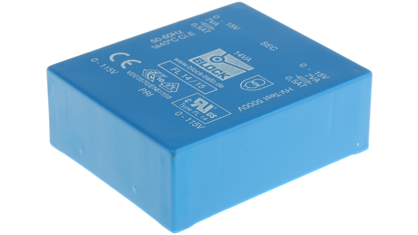 Block 15V ac 2 Output Through Hole PCB Transformer, 14VA