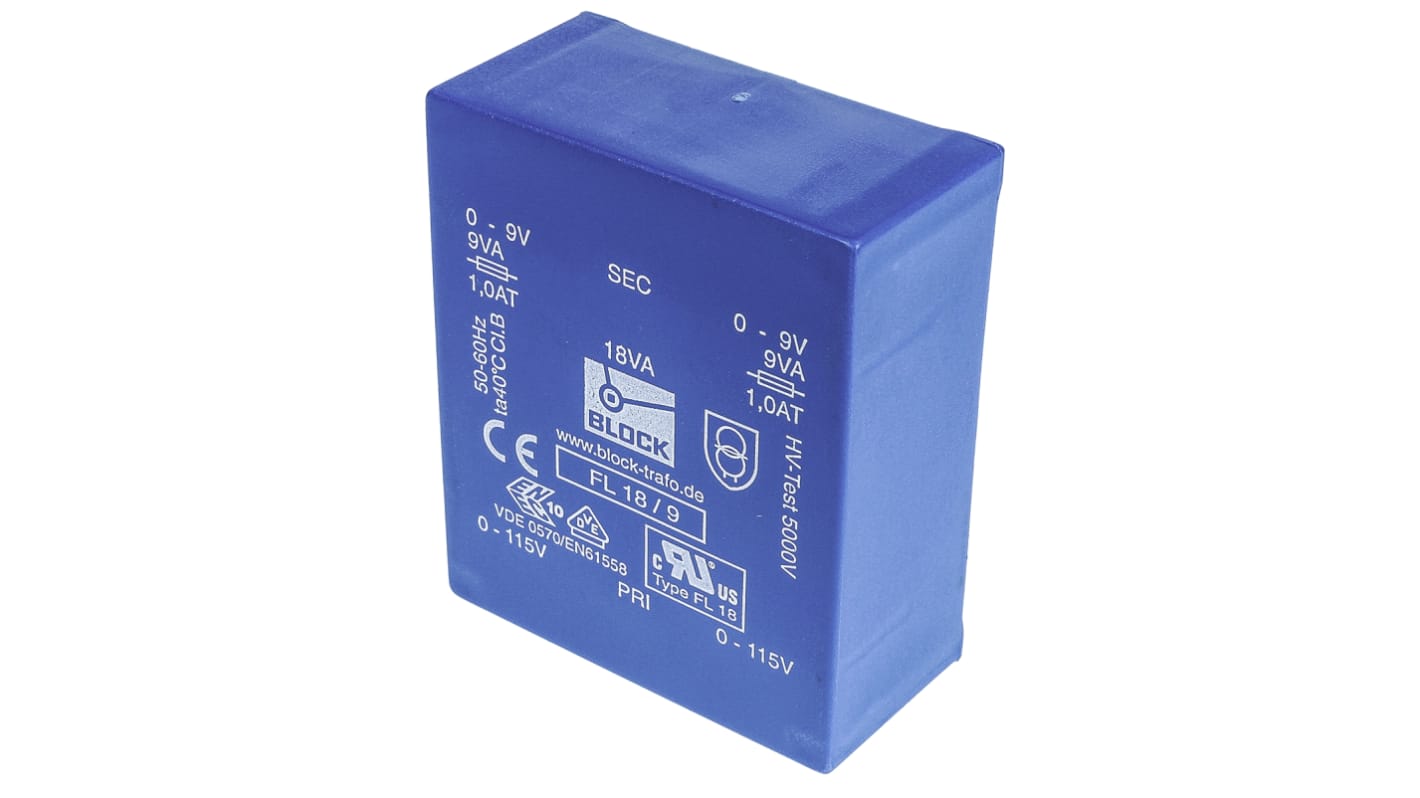 Trasformatore per PCB Block, 18VA, primario 115 V ac, 230 V ac, secondario 9V ca, 2 uscite