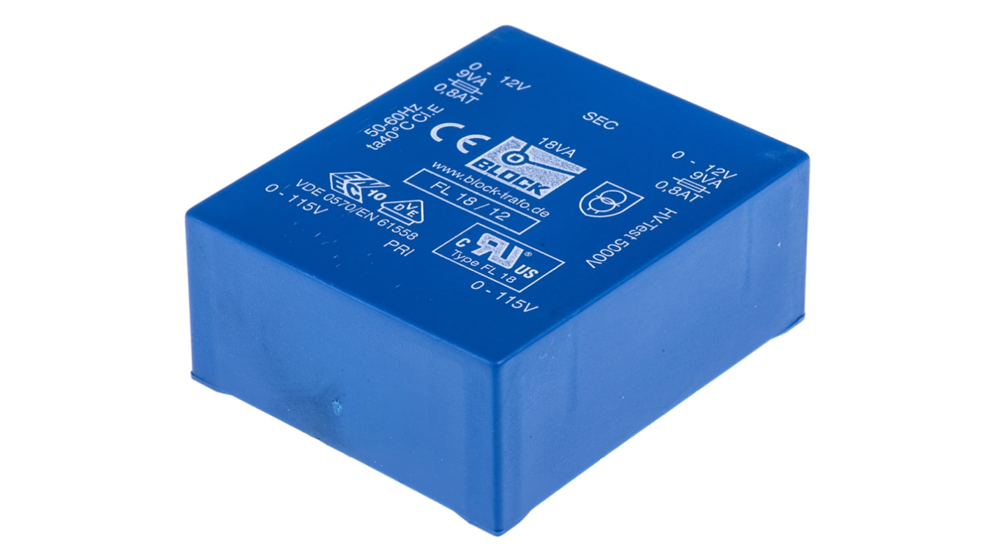 Block 12V ac 2 Output Through Hole PCB Transformer, 18VA