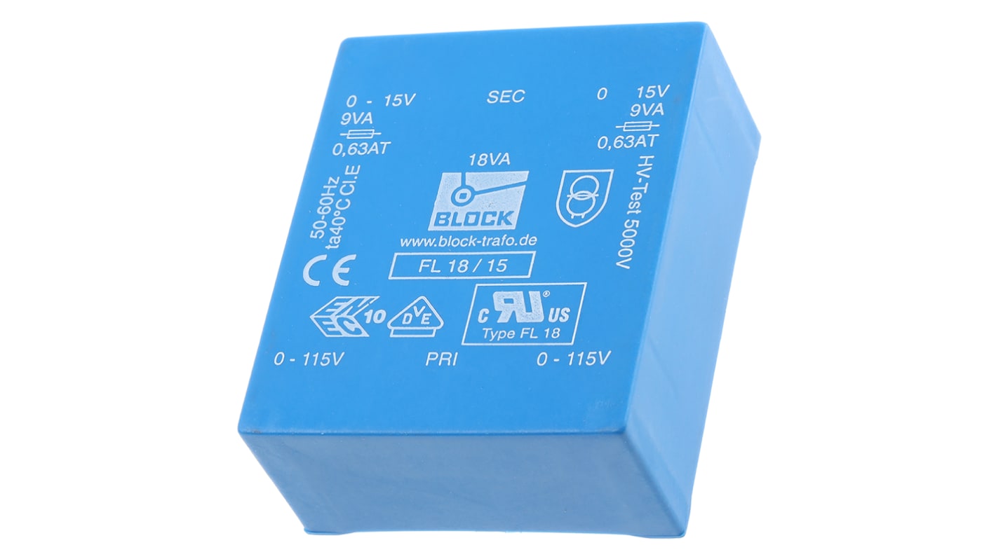 Block 基板実装用トランス 一次側：115V ac, 230V ac 二次側：15V ac 定格電力：18VA, FL 18/15 出力数：2
