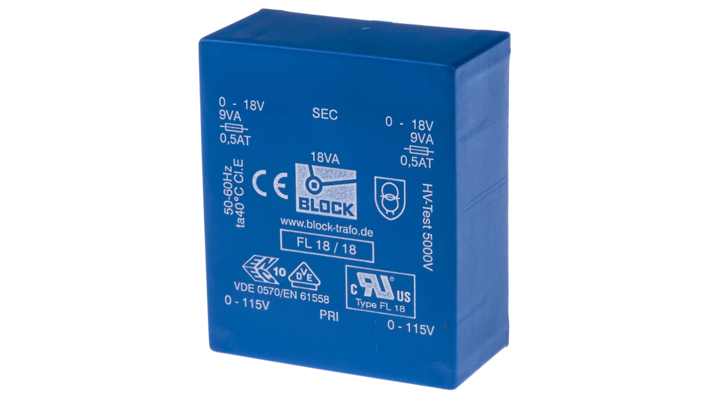 Block 18V ac 2 Output Through Hole PCB Transformer, 18VA