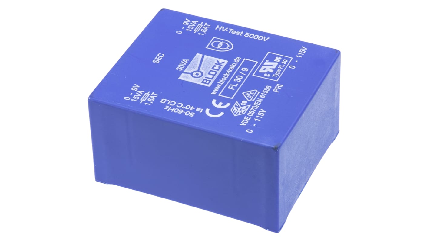 Trasformatore per PCB Block, 30VA, primario 115 V ac, 230 V ac, secondario 9V ca, 2 uscite