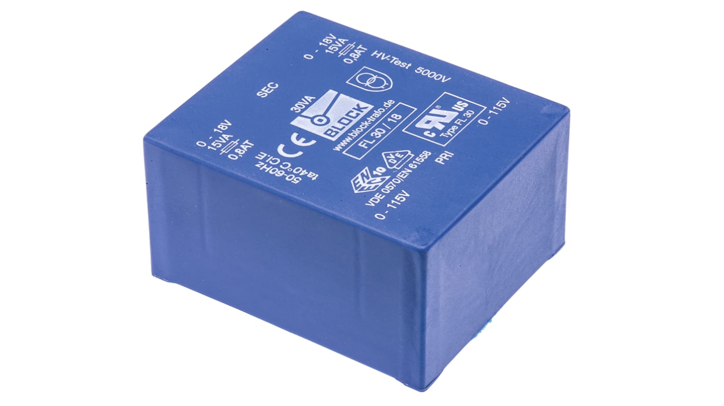 Block 基板実装用トランス 一次側：115V ac, 230V ac 二次側：18V ac 定格電力：30VA, FL 30/18 出力数：2