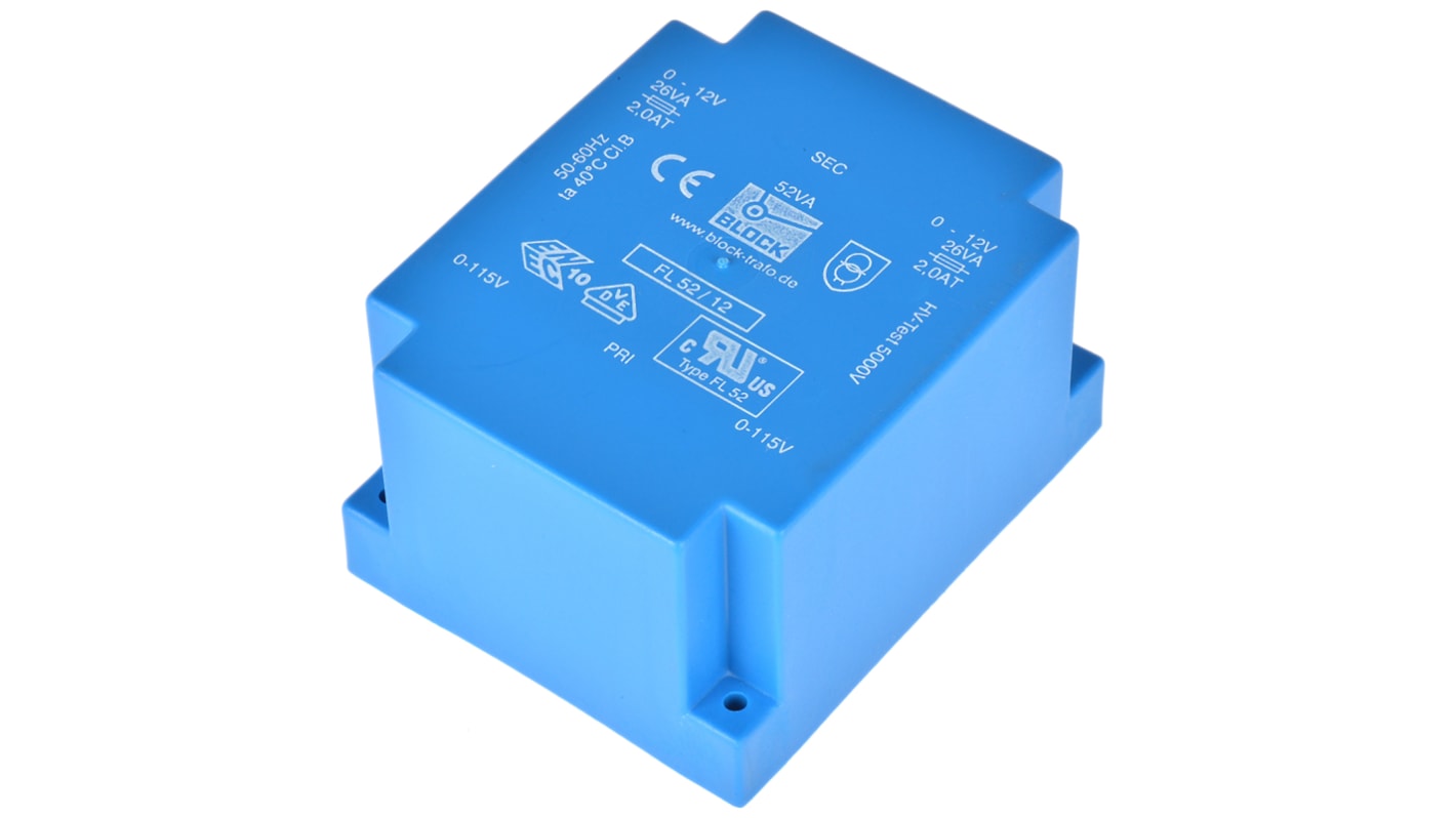 Block 12V ac 2 Output Through Hole PCB Transformer, 52VA