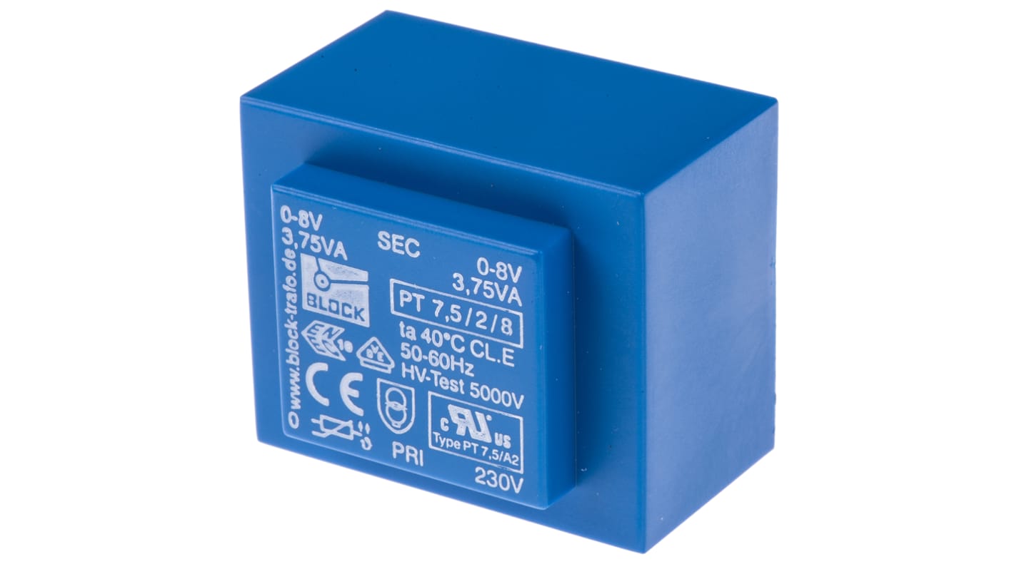 Block 基板実装用トランス 一次側：230V ac 二次側：8V ac 定格電力：7.5VA, PT 7.5/2/8 出力数：2