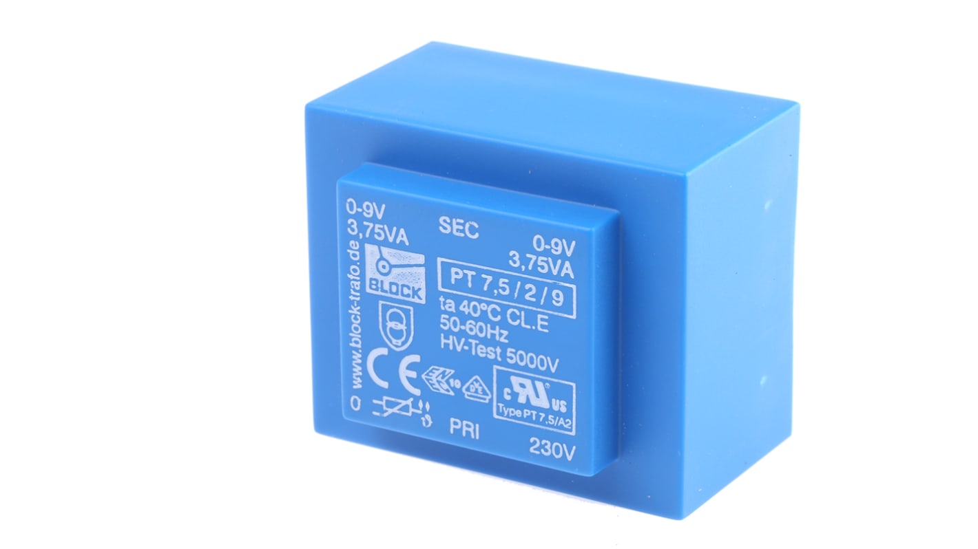 Trasformatore per PCB Block, 7.5VA, primario 230V ca, secondario 9V ca, 2 uscite