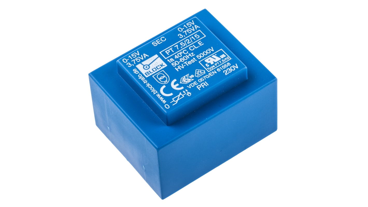 Block 15V ac 2 Output Through Hole PCB Transformer, 7.5VA