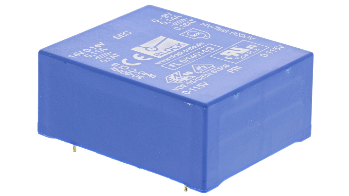 Block 9V ac, ±14V ac 2 Output Through Hole PCB Transformer, 6VA
